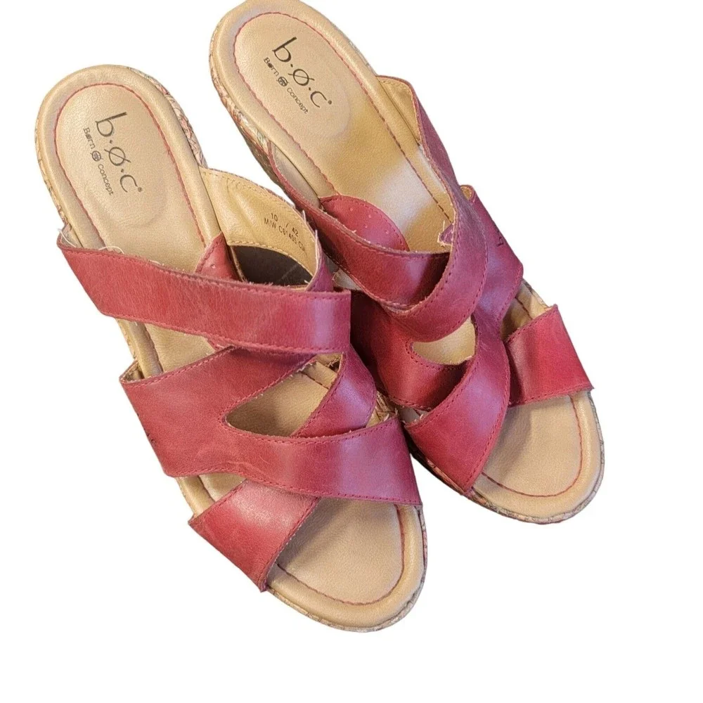 Born BOC‎ Wedge Sandals Women's 10 Red Leather Floral Platform Slip On Comfort